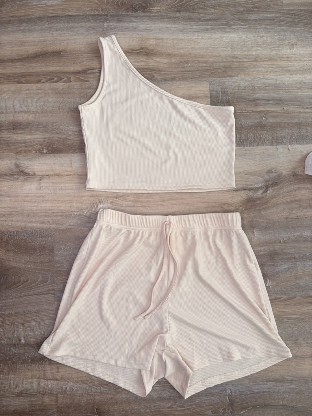 Ribbed Lounge Set One Shoulder Top & Shorts Matching Set